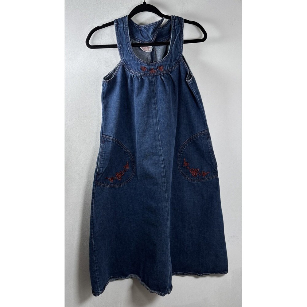 VTG Joni Blair Denim Boho Jumper Dress Women’s Size 7 Floral Embroidery Pockets